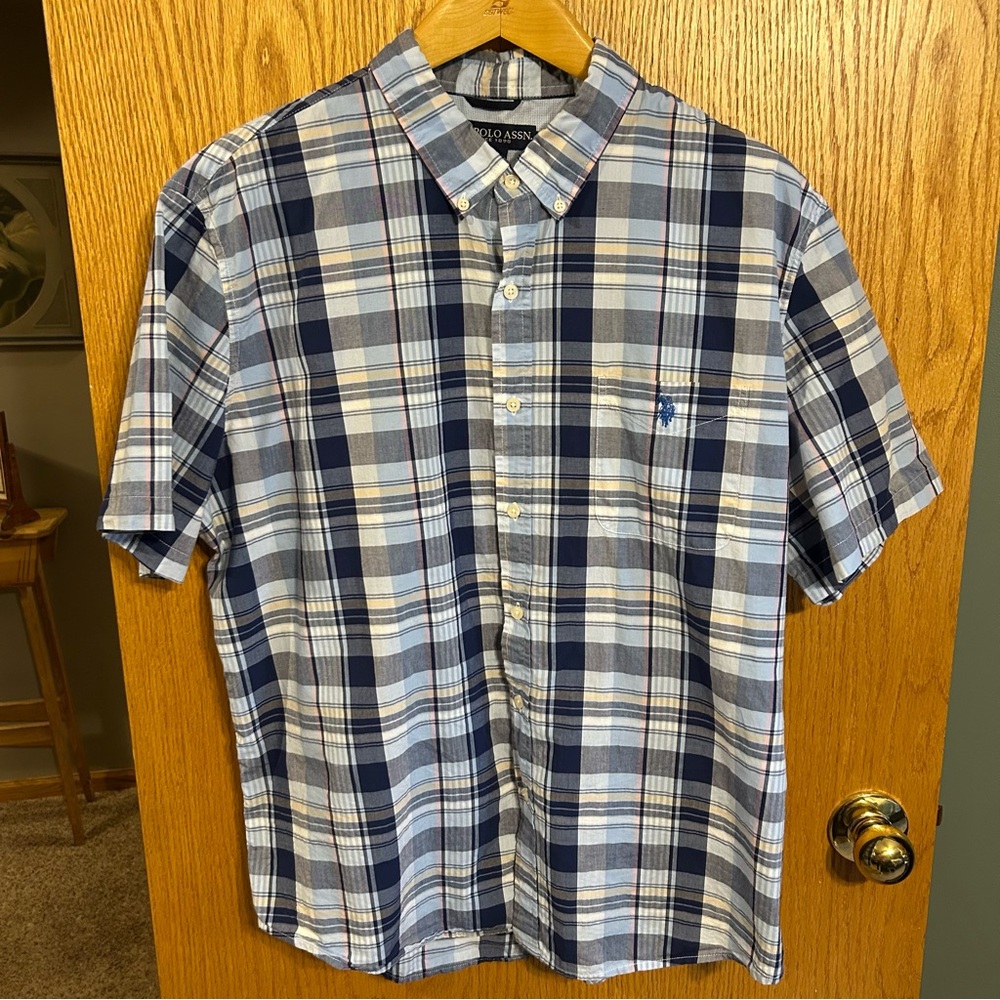 US Polo Assn Shirt Men 2XL ‎ Short Sleeve Button Down Blue Plaid Cotton Casual